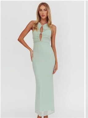 Sage Green Mesh Pearl Keyhole Maxi Dress Large